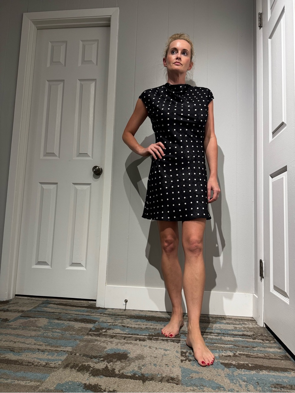 Black Polka Dot Midi Dress with Cap Sleeves